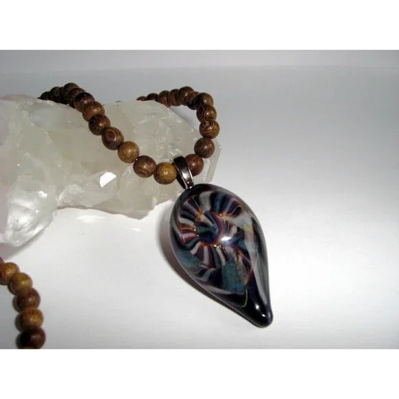 Handblown Glass Pendant On 20” Wooden Bead Necklace Boho Style Artisan Made 2008 - Picture 15 of 16